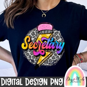 School Secretary Png, Retro Secretary Digital Design, Pencil Lightning Png, Leopard Circle Secretary Shirt Png for Sublimation, DTF and DTG
