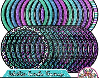 Hand Drawn Circle Frame Clip Art Png Bundle, Winter Round Frames, Leopard Print Circle Borders, Winter Besties