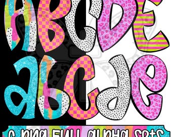 Neon Summer Alpha Png Bundle, Bright Preppy Alphabet Png, Colorful Alphabet, Leopard Checker Full Alphabet Png Set
