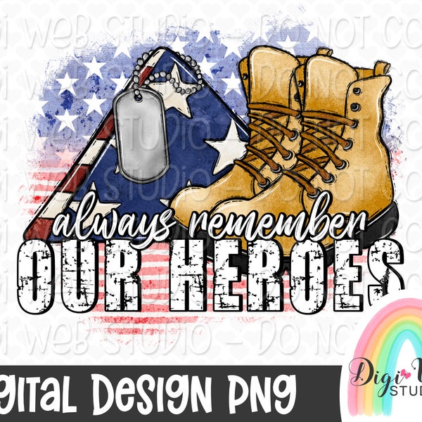 Military PNG, Always Remember Our Heroes, Patriotic Design, Stars and Stripes, Memorial Day, Sublimation PNG