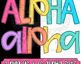 Boutique Brights Alpha Png Bundle, Colorful Preppy Alphabet Letters, Black Outline Alpha, Uppercase Lowercase, 6 Png Sets
