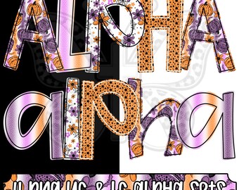 Petals and Pumpkins Alpha Png Bundle, Fall Floral Alphabet Letters, Halloween Pumpkin Alpha, Uppercase Lowercase, 4 Png Sets