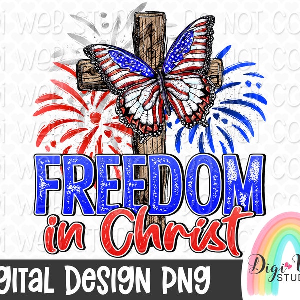 Patriotic Faith PNG, Freedom In Christ, Cross with Butterfly, USA Design, Stars and Stripes, Military Service, Armed Forces, Sublimation PNG