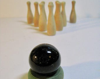 vintage tabletop bowling set. Vintage wooden pins, glass marble ball, wooden ring. Great stocking stuffer, office gift. man cave bar game