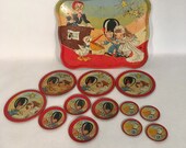 Ohio Art Wedding tin litho dishes. Wedding scene. 15 piece set with tray, plates, small plates, saucers. Kitschy vintage tin toy tea set