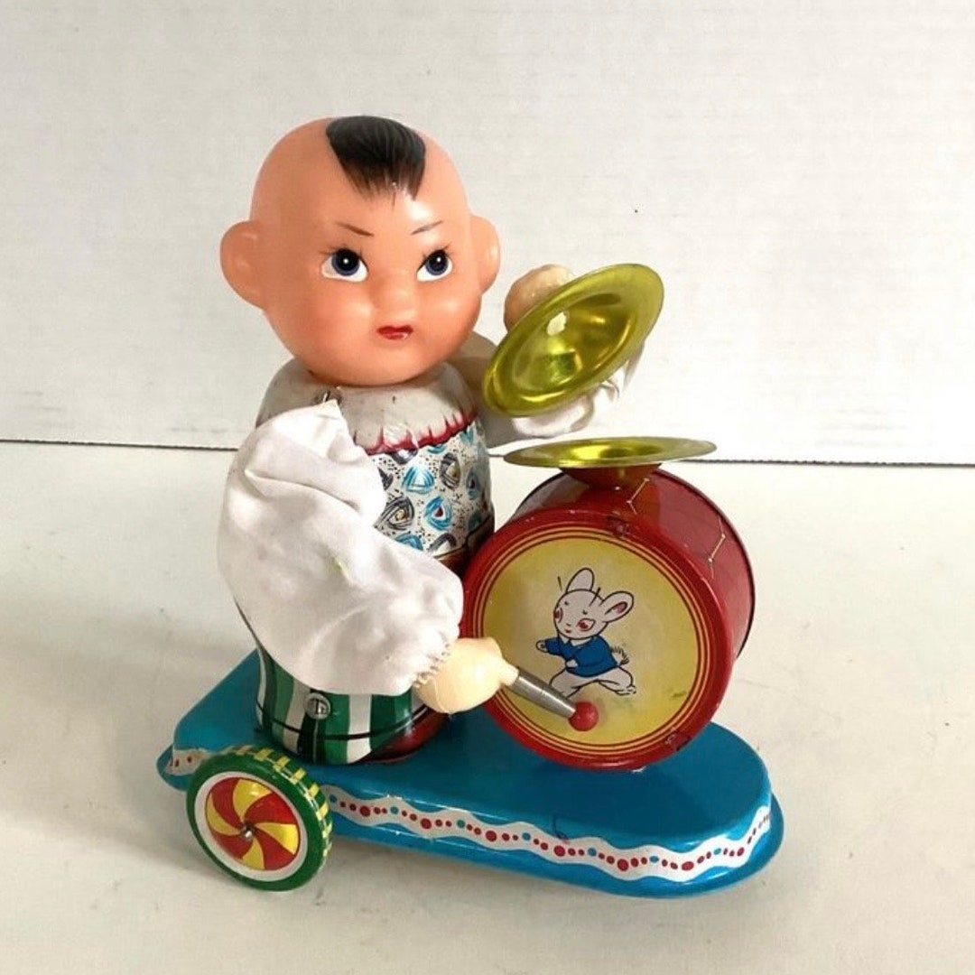 Wind up Toy in Working Condition, 1960s. Boy With Drum. Key Included