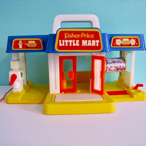 Jahrgang Fisher Preis kleine Mart Spielset. Kleine Leute #2580. 1986 Vintage Spielzeug in den USA. Autowäsche, Supermarkt, Tankstelle.