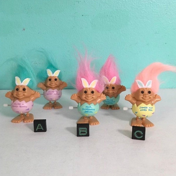 RUSS Easter Troll windups, new old stock. Your Choice My Honey Bunny, Somebunny Special, Somebunny Loves You. 1980s vintage toys.