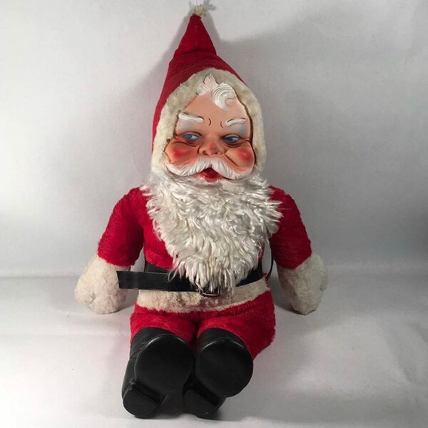 Vintage 24" vinyl face plush Santa from My Toy. Collectible mid century Christmas plush.