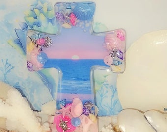 Pink Sunset Seashell Cross, Blue and Pink Beach House Cross, Religious Nautical Wall Art, Coastal Themed Cross Sun Catcher, Ocean Cross,