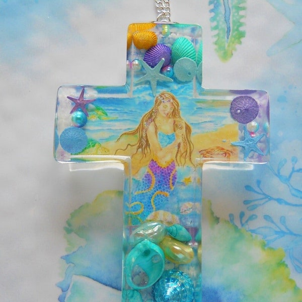 Mermaid Themed Seashell Cross, Coastal Seaside Wall Cross, Religious Nautical Cross, Mermaid Fantasy Art, Tropical Window Cross Sun catcher