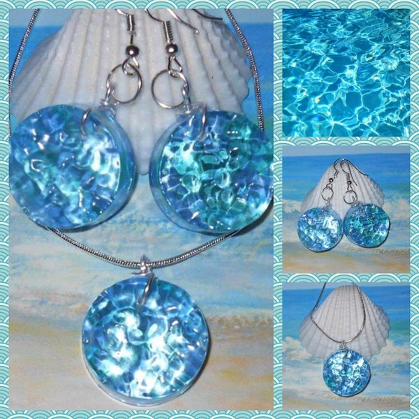 Island Ocean Jewelry Set, Coastal Water Jewelry, Beach Theme Jewelry, Nautical Fashion, Round Pendants, Wedding Jewelry, Blue Jewelry Set