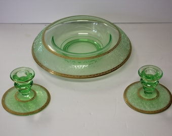 CAMBRIDGE Etch Uranium Glass Rolled Top Compote Dish 12" and Candle Holders Gold Trim Center Piece