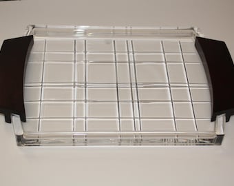 Kosta Boda Orrefors Street Cut Crystal Wood Handled Serving Tray Pre Owned MCM