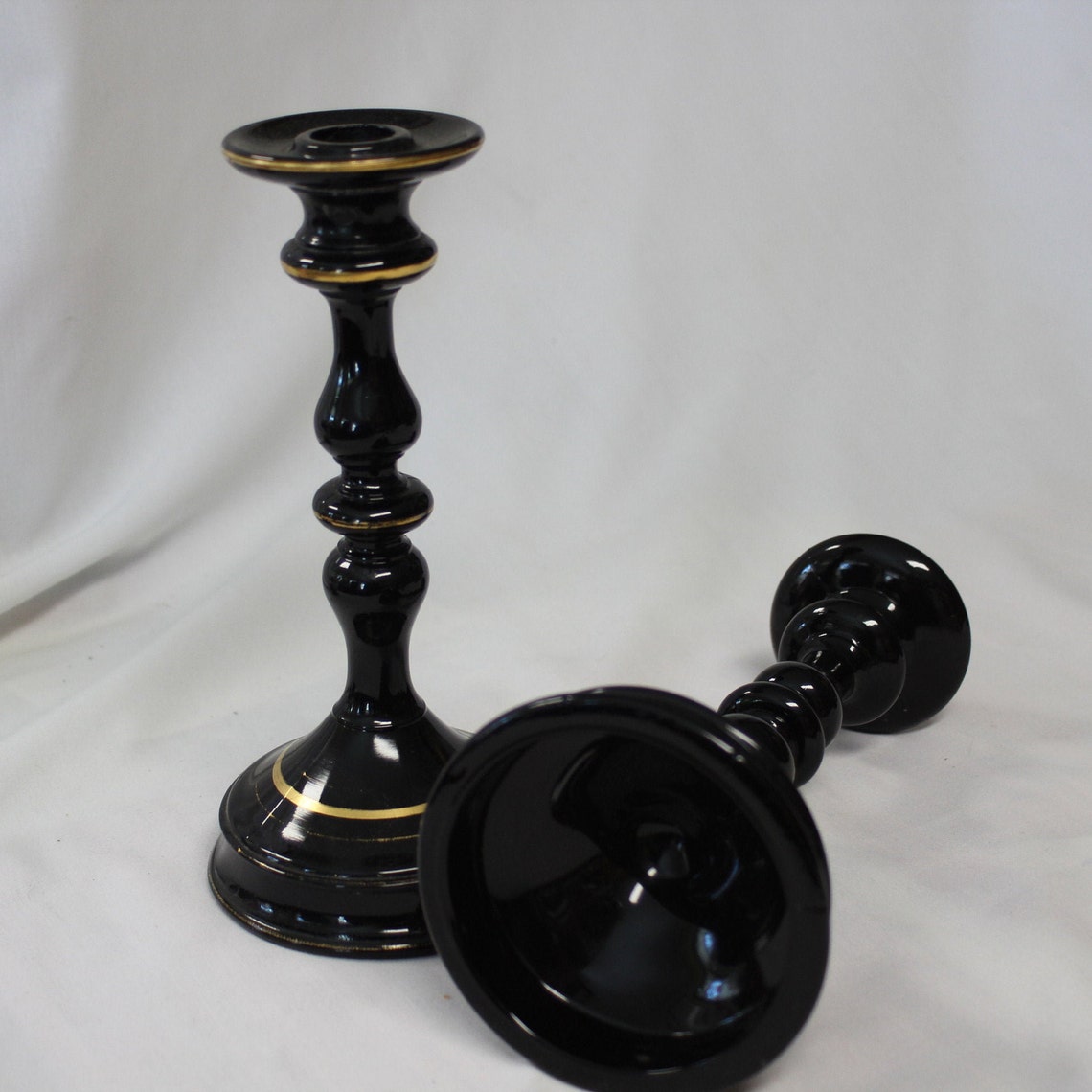 Vtg Black Glass Candle Holders 8 Tall Amethyst Unmarked Etsy