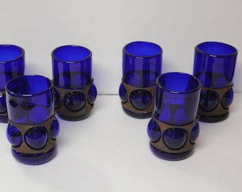 Set Of 6 Vintage MCM Brutalist Felipe Derflingher Caged Cobalt Blue Rocks Glasses