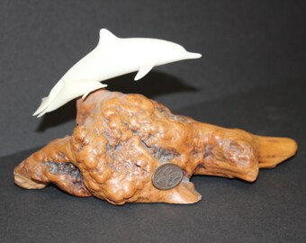 John Perry Sculpture White Dolphin and Baby On Burlwood Base 6x4" EUC