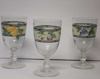 Mikasa GARDEN HARVEST 14 Oz Glass Goblets Water Iced Tea 7" Set of 3 EUC