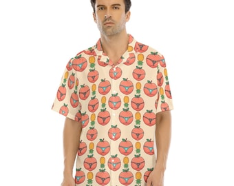 Camisa de piña al revés estilo swinger / Ropa de resort estilo de vida IYKYK / Top hawaiano divertido y descarado de melocotón estilo tanga / Camisa abotonada para vacaciones en crucero