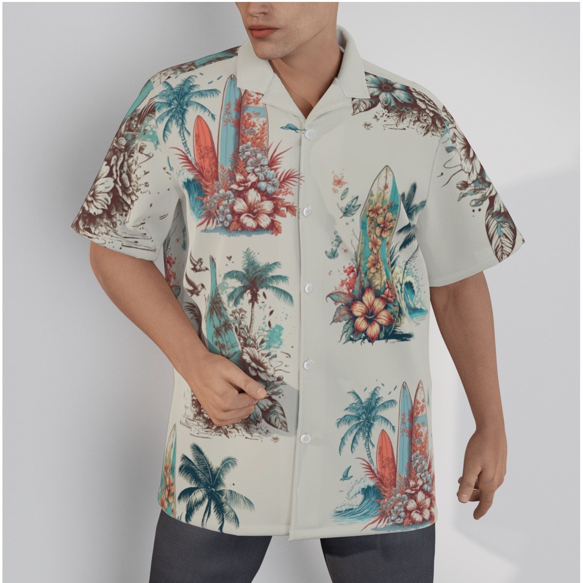 Surf Board  Hawaiian Shirt  Button Closure
