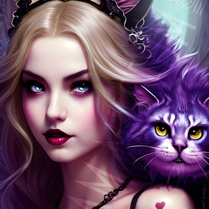 Art Print Metal Canvas Decor Surrealism Alice In Wonderland Cheshire Cat Fan Art Fantasy Whimsical Woman Portrait Beautiful Artwork Unique
