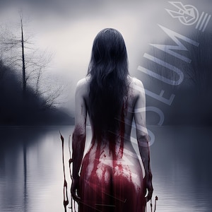 May include: A woman stands in a lake of blood, her back to the viewer. Her long black hair flows down her back, and her body is covered in blood. The water is dark and murky, and the trees in the background are bare and skeletal.