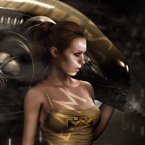 May include: A woman in a gold tank top with the Weyland-Yutani Corp. logo and black underwear stands in front of a large, dark, mechanical object. The object has a large, round, metallic head with a single eye.