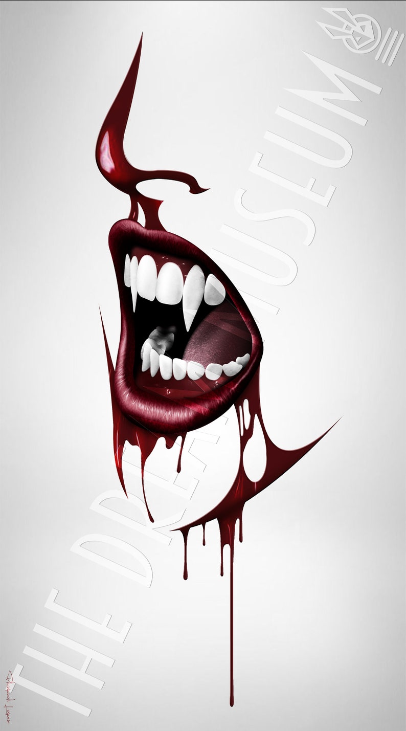 May include: Illustration of a vampire's open mouth with sharp fangs and dripping blood. The image features a stylized nose and the text "THE DRACULA MUSEUM" in white on a gray background.