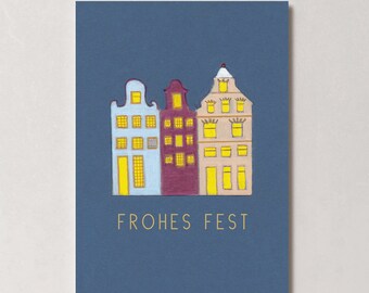 Postcard Merry Christmas canal houses, Christmas card, festive greeting card