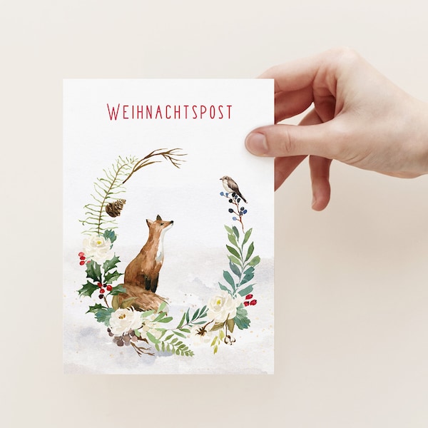 Weihnachtskarte Weihnachtspost Fuchs, Postkarten, Grußkarten, Weihnachten, Aquarell, Tiere, Typographie