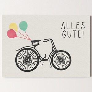 Postkarte Alles Gute, Fahrrad Luftballons, Glückwunschkarte, Geburtstag, Aquarell, Grußkarte, Geschenkkarte, Illustration