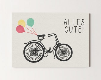 Postkarte Alles Gute, Fahrrad Luftballons, Glückwunschkarte, Geburtstag, Aquarell, Grußkarte, Geschenkkarte, Illustration