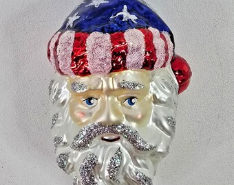 Adorno navideño de vidrio con cabeza de Papá Noel patriótica de Kurt Adler, 5.5" (14 cm)