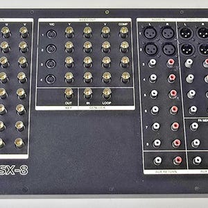 Puede incluir: Un mezclador de vídeo NewTek SX-8 negro con múltiples puertos de entrada y salida. El panel frontal presenta varios conectores, incluidos XLR, BNC y DB-9, junto con el texto "NewTek SX-8".