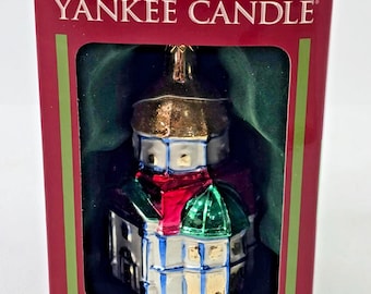 Vintage Yankee Candle 5" Christopher Snowbrite Blown Glass Christmas Ornament