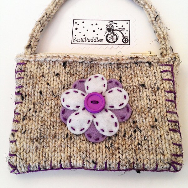 Flower Coin Purse - Girls First Purse, Cute Flower Change Purse, Beige Knit Coin Purse, Violet and White Felt Flower, Fabric Lined