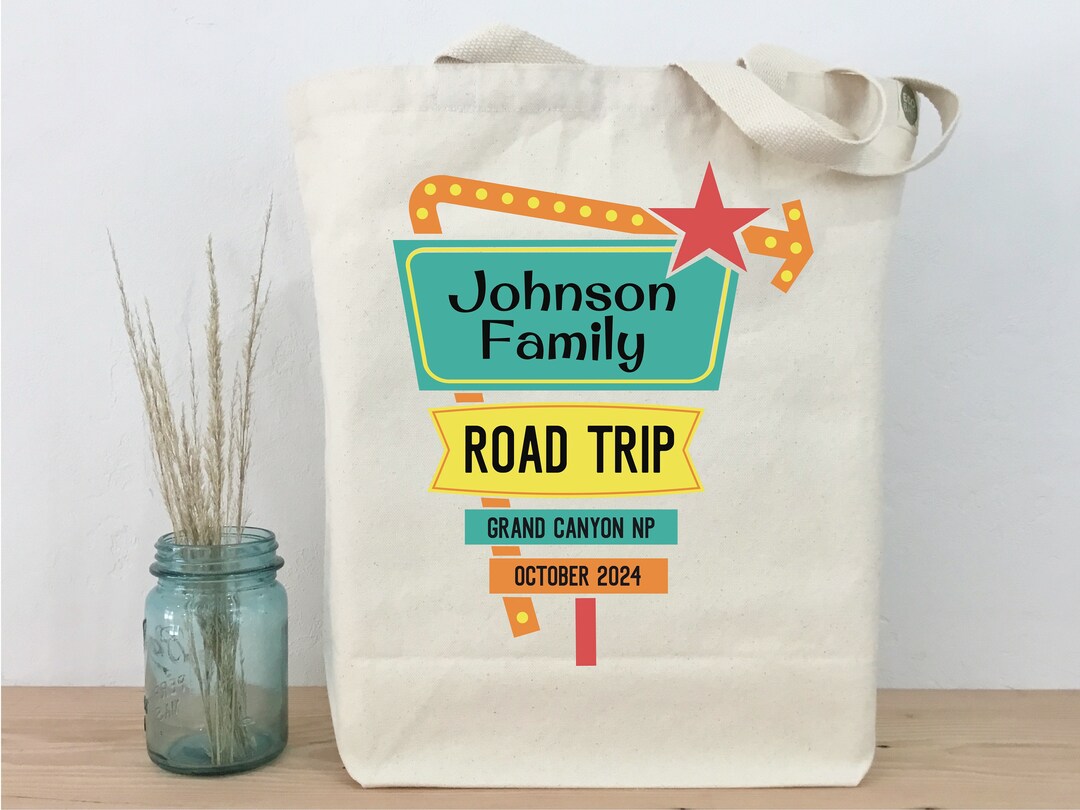 Road Trip Tote, Vintage Road Sign Tote, Vacation Tote, Family Vacation