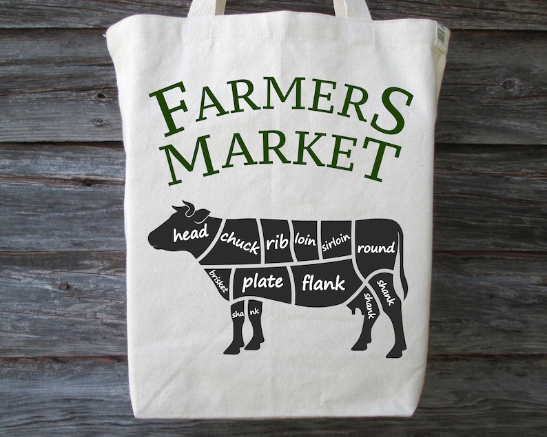 Farmers Market Meat Tote Cotton Canvas Tote Farmers Market Tote Shopping Tote Cow Beef Tote Cotton Tote Beef Cow Tote