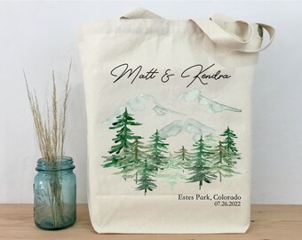 Personalized Watercolor Mountain Welcome Tote, Wedding Welcome Bag, Cotton Canvas, Bachelorette Party