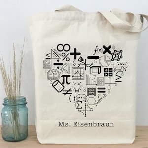 Personalized Math Teacher Tote Bag, Recycled Cotton Canvas