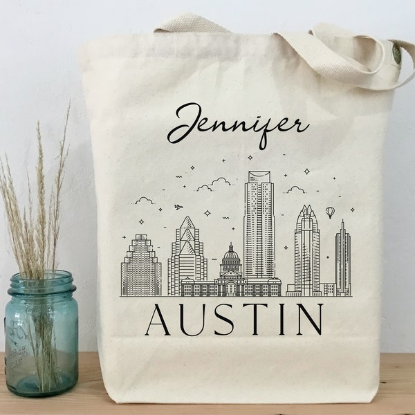 Personalized Austin Tote, Austin Tote, Reusable Shopping Tote, Bachelorette Party Tote, Personal Tote, Gift Tote, Austin Texas Skyline Tote