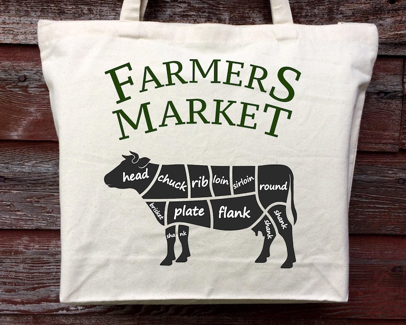 Farmers Market Meat Tote Cotton Canvas Tote Farmers Market Tote Shopping Tote Cow Beef Tote Cotton Tote Beef Cow Tote