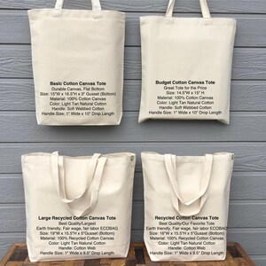 May include: Four canvas tote bags in various sizes, made of light tan cotton. The bags have soft webbed or cotton web handles. Text on the bags describes the material, size, and features. The bags are designed for durability and eco-friendliness.