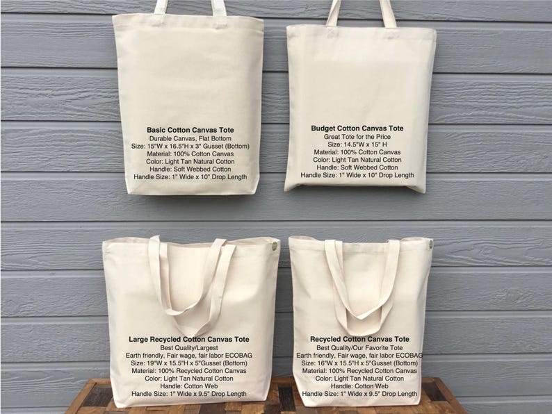May include: Four canvas tote bags in various sizes, made of light tan cotton. The bags have soft webbed or cotton web handles. Text on the bags describes the material, size, and features. The bags are designed for durability and eco-friendliness.