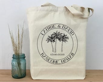 Personalized Palm Tree Wedding Tote Bag, Beach Welcome Gift