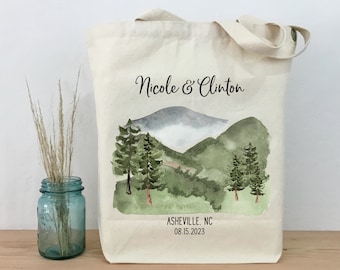 Personalized Mountain Wedding Tote Bag, Nature Wedding Favor