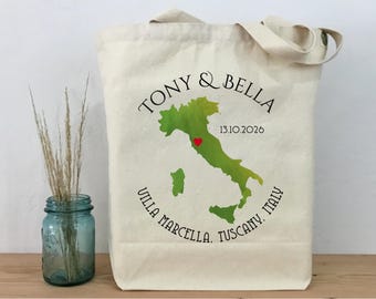 Personalized Italian Wedding Tote Bag, Italy Map, Welcome Gift