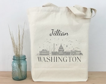 Personalized Washington Tote, Washington DC Tote, Reusable Shopping Tote, Wedding Party Tote, Personalized Gift, Eco Friendly Market Tote