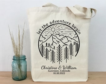 Mountain Wedding Tote, Let the Adventure Begin, Outdoor Wedding, Mountain Badge Tote, Montana Wedding, Colorado Wedding, Wedding Welcome Bag