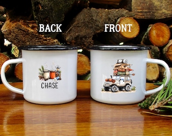 May include: Two white enamel mugs with black rims. The left mug shows the text BACK above an illustration of two mugs and the name CHASE. The right mug shows the text FRONT above an illustration of a white off-road vehicle packed with camping gear.